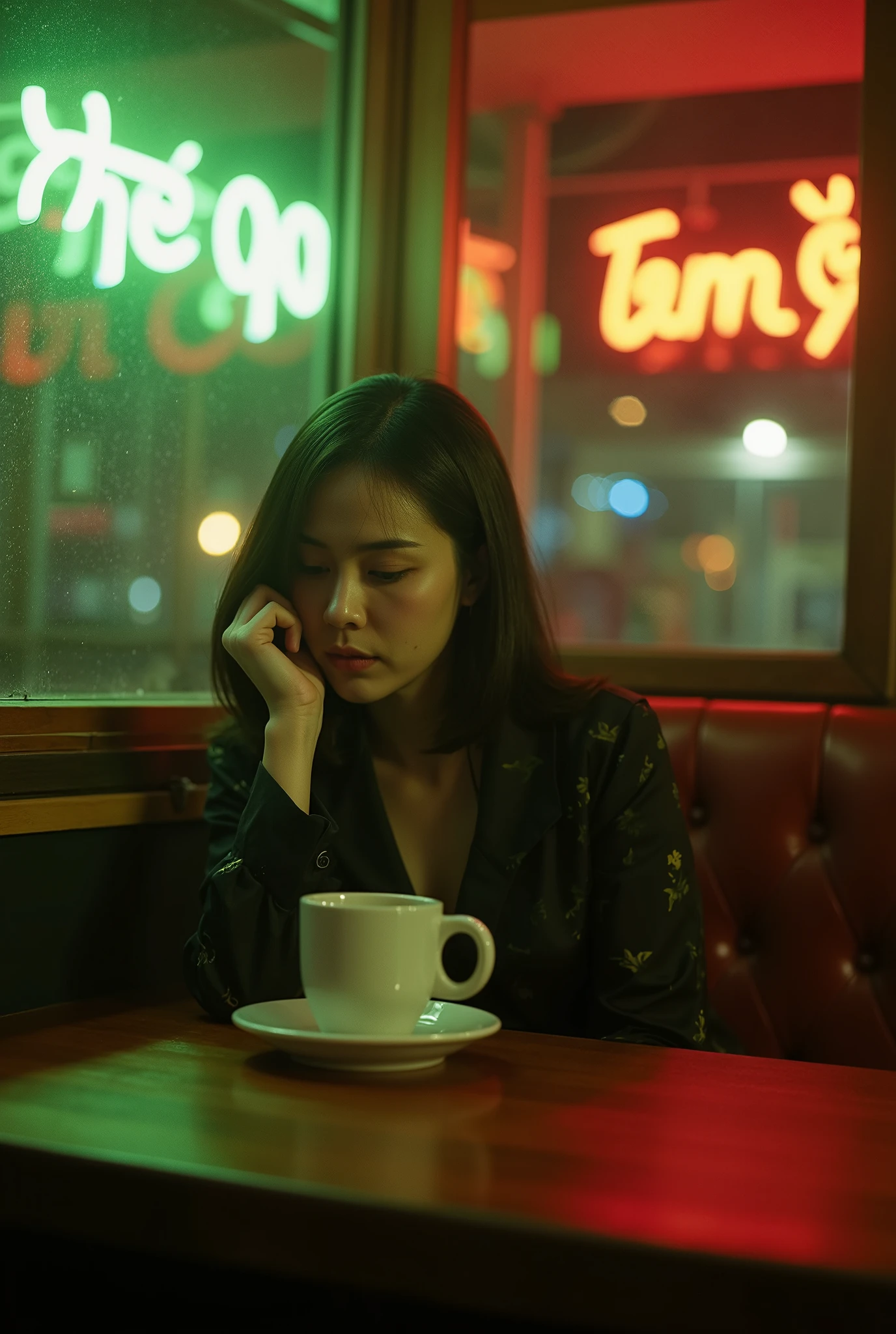DSLR photo, alternative Korean girl sitting in a diner at night, cute face, black sunglasses, black jacket, cigarette in an ashtray on the table, seen through a window, NeonNoir, (backlit:1.1), hard shadow, masterpiece, best quality, Intricate, High Detail, 8k, modelshoot style, film grain,