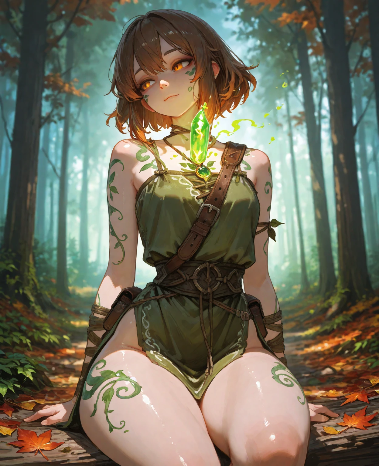 fantasy, 1forest_elemental_girl, (dark_skin)0.9, (using_leaves_clothes, green_leaves_covered_breasts, leaves_covered_pussy)+++,(gigantic_heavy_tits:1.1), walking, (smile, sleepy)+, medium_hair, navel,(plump:0.9), oil, (winding_vine_around_torso)++, forest_background, leaves_headgear, green_leaves_cape, spread_arms, large_staff, leaves_thighhighs, big_ass,