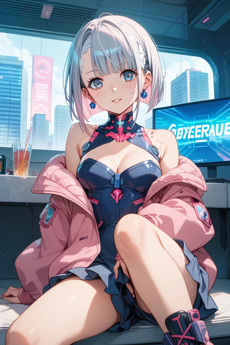 Highest quality、masterpiece、Neon Light、night、cyber punk、(Highest quality、masterpiece:1.2)、detailed、非常にdetailed、detailedな体、detailedな顔、detailedな手、score_9、score_8_up、score_7_up、score_6_up、score_9、One girl、solo、Huge Ass、Lucy \(cyber punk\)、score_9、One girl、short hair、bangulti-coloured hair、Multi-coloured eyes、Red eyeliner、make、Bare shoulders、Black belt、Bodysuits、High leg leotard、White open jacket、White shorts、Hip Vent、Thigh-high boots、No correction、Thick thighs、blue eyes、blush、Naughty face、smile、lips、、Perfect Eyes、
