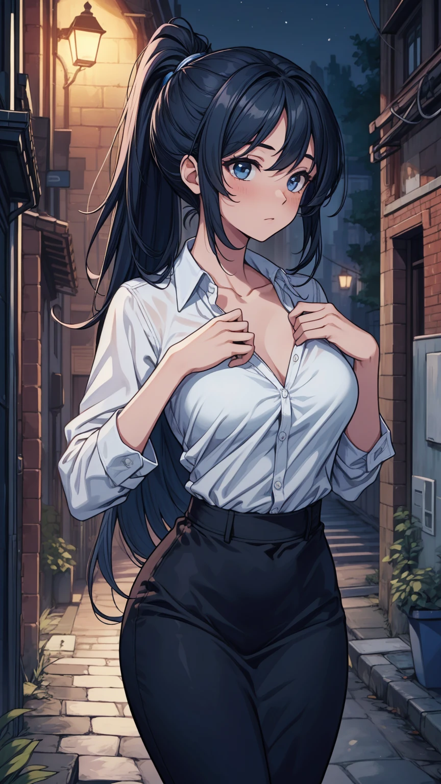 Masterpiece, top quality, best quality, official art, beautiful and aesthetic, anime, 1girl,extremely detailed, colorful, more detailed ((ultra-detailed)), (highly detailed CG illustration),Best Quality, High resolution, Unity 8k Wallpaper, (Illustration:0.8), (Beautiful detailed eyes:1.6), extra detailed face, Perfect Lighting, extremely details CG, (Perfect hands, Perfect ???????),city,street,night,wet road,reflections,lights,red long hair, cat ears,ponytail,blue eyes, barrette,black choker,earrings,skinny fit,medium breast,shoulders,white shirt,wet shirt,nipples,high-waist skirt, pantyhose,upskirt,panties, looking in camera,