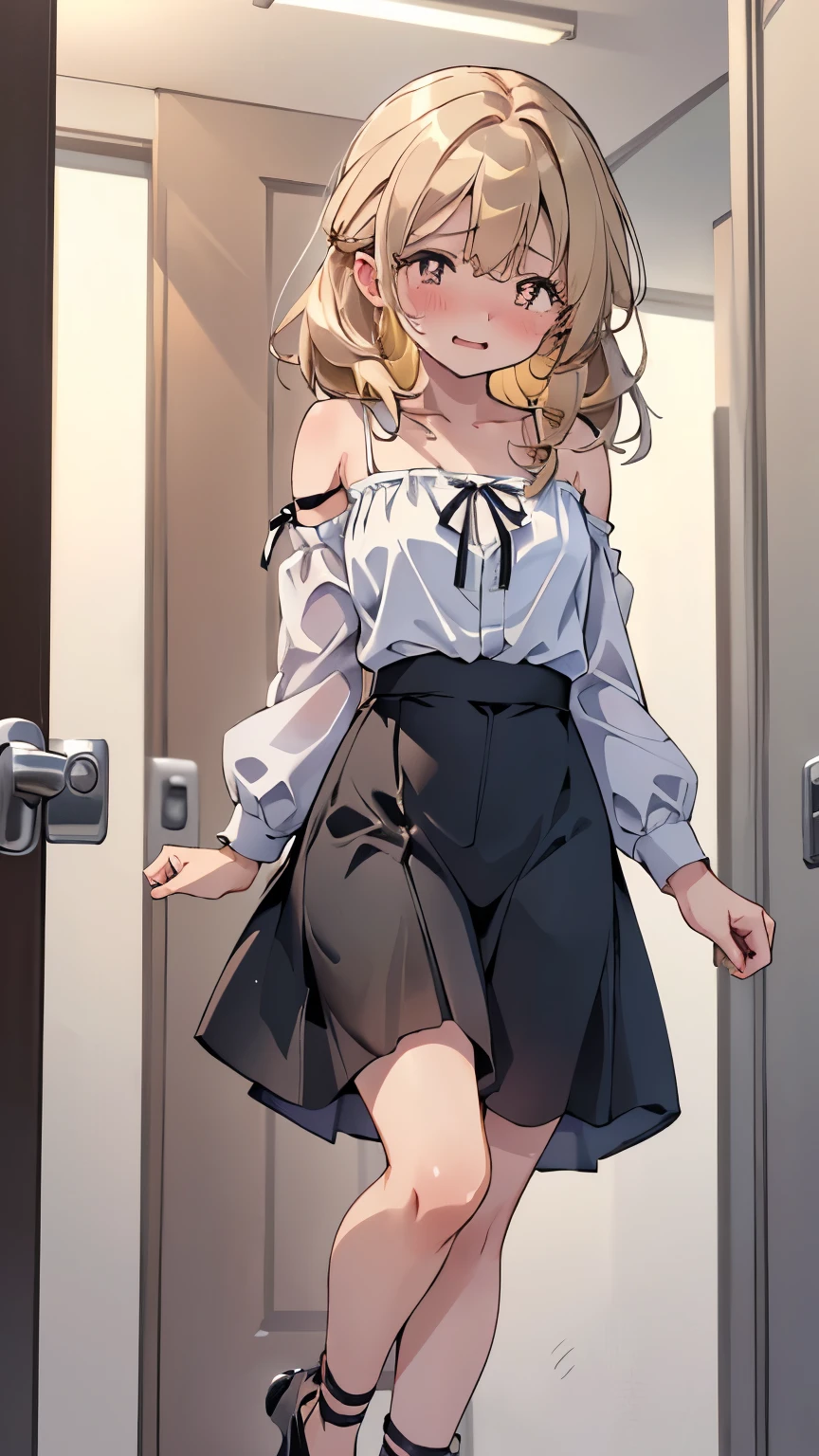 (SIGMA 200 mm F/2.0, 1/1000 sec shutter, award-winning photo), beautiful medium breasts, shiny skin, (have to pee-pee:1.2), (Disheveled hair), (Unable to hold pee-pee anymore desperate look:1.3), (She needs to pee-pee so badly:1.1), (She front in queue with girls restroom:1.4), (Panting:1.4), (Full face blush:2), (So embarrassing), (Constricted Pupils:1.5), (Impatience), (flustered:1.5), (Her shoulders were high, almost touching her ears, and her whole frame looked tense and frozen, legs straight standing on tiptoes, arms stiff, her whole posture unnaturally tight, She stood like someone trying not to break under pressure:2), (Her bladder is about to overflow), (She casually clutch crotch hold in her pee-pee:1.1), (wearing Chiffon Blouse, Pencil Long Skirt, Ankle strap heels:1.3), (8K, ultra-detailed, best quality, ultra-detailed face, anatomically perfect figure, extremely detailed beautiful girl), (full body), nsfw,