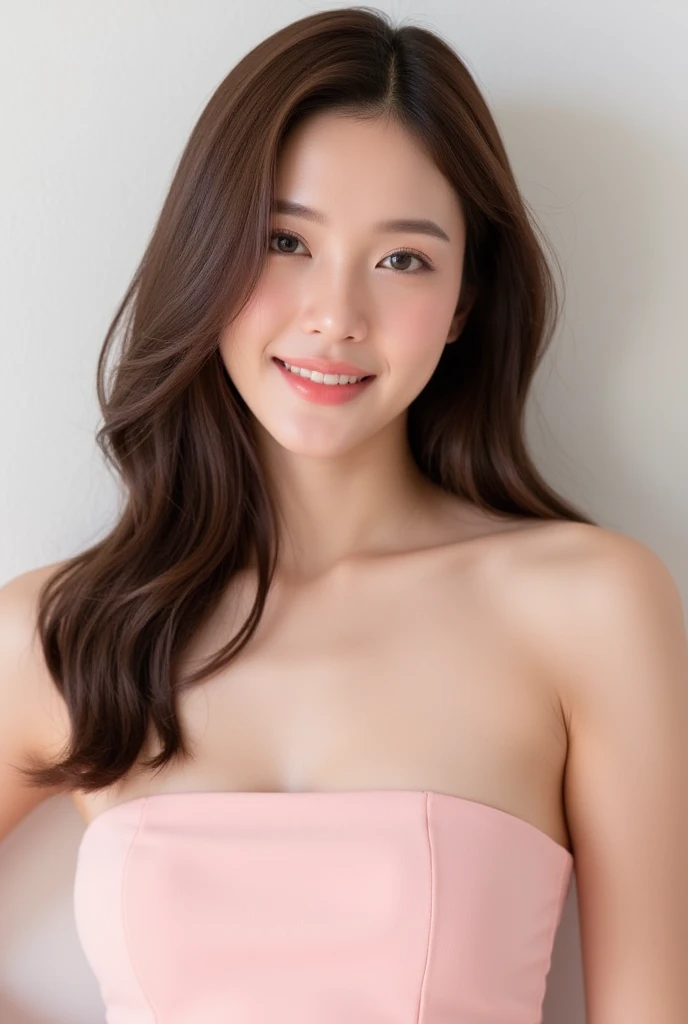 realistic photos of (1 cute Korean star) Shoulder-length hair, thin makeup, medium breasts size, slightly smile, pink shirt, clear facial features of Canon EOS, 8K high resolution, sharp and realistic details, RAW photo, masterpiece