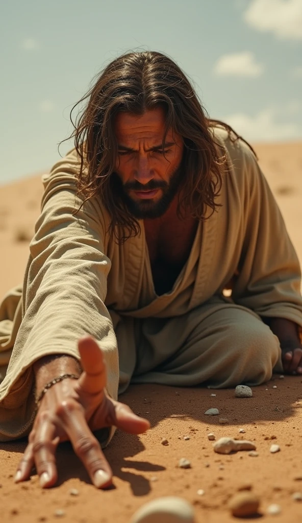 biblical scene in which Job responds to God, as described in Job 42:1-6. Show Job prostrate on the ground, in deep humility and repentance, with head bowed and hands extended downward or crossed over the chest, in a gesture of submission. Your expression should reflect recognition, reverence and contrition, recognizing God's sovereignty and wisdom