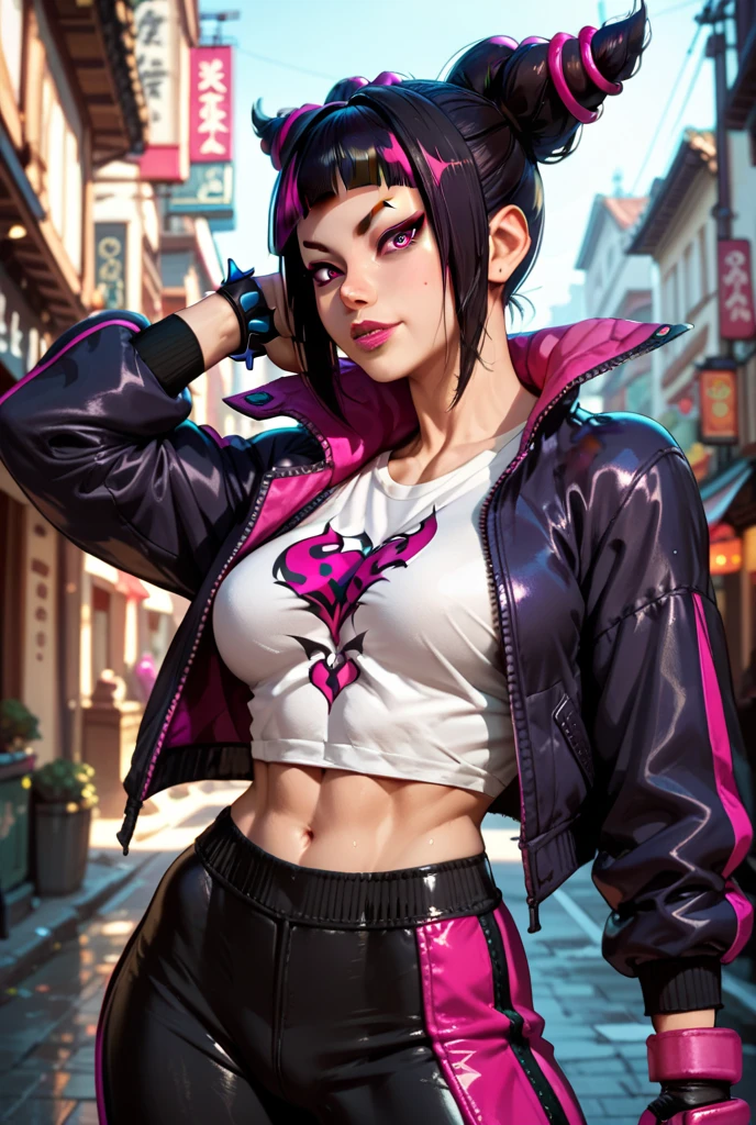 beautiful young fitness woman with , in a gym wearing May with black pantyhose, white and purple fitted gym jacket. standing alone,red eyes glowing,Evil smile,legging preto ,lips,dark eyeshadow,glare eyes,hands in pockets,necklase,half open jacket zipper,Tight black shirt,white sports sneakers,short hair with purple details,beautiful curves,all-body