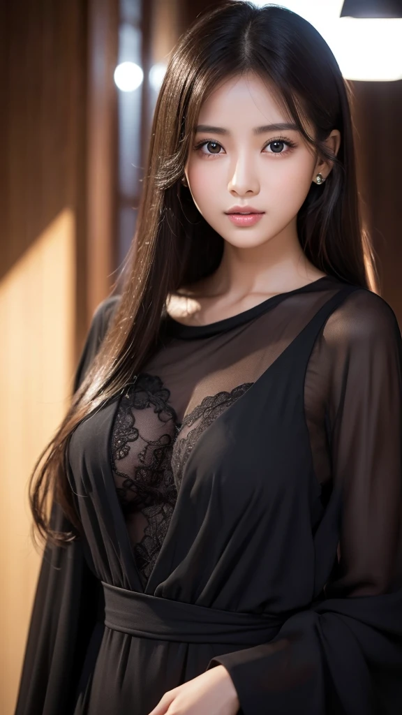 23 years old busty woman, wearing black lace baby doll, looks like nancy (momoland:0.2),  (european:0.4)