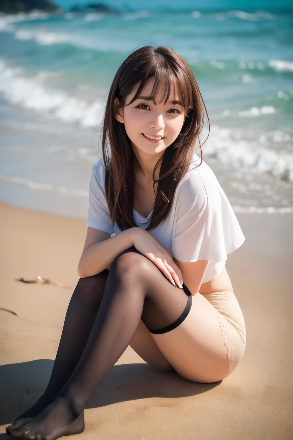 (best quality,4k,8k,highres,masterpiece:1.2), ultra-detailed, (realistic,photorealistic,photo-realistic:1.37), a beautiful Arapad girl sitting cross-legged on a rock, smiling charmingly with beautiful detailed eyes and lips, a captivating smile, a lovely smile, a smiling girl model, an attractive smile, an attractive and beautiful face with arms and legs, a charming smile, a charming and beautiful, Cindy Averino, a beautiful model girl, a cute young woman, a slightly cute smile, a beautiful young woman, a cute young girl, a pretty smile