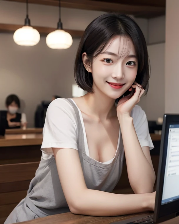 The face and expression remain the same、Sexy office lady outfit、photograph、reality、married woman、30 generations、short hair、Realistic background and accessories、big and soft breasts、sexy smile、stylish cafe、mature woman、Show off your sexiness