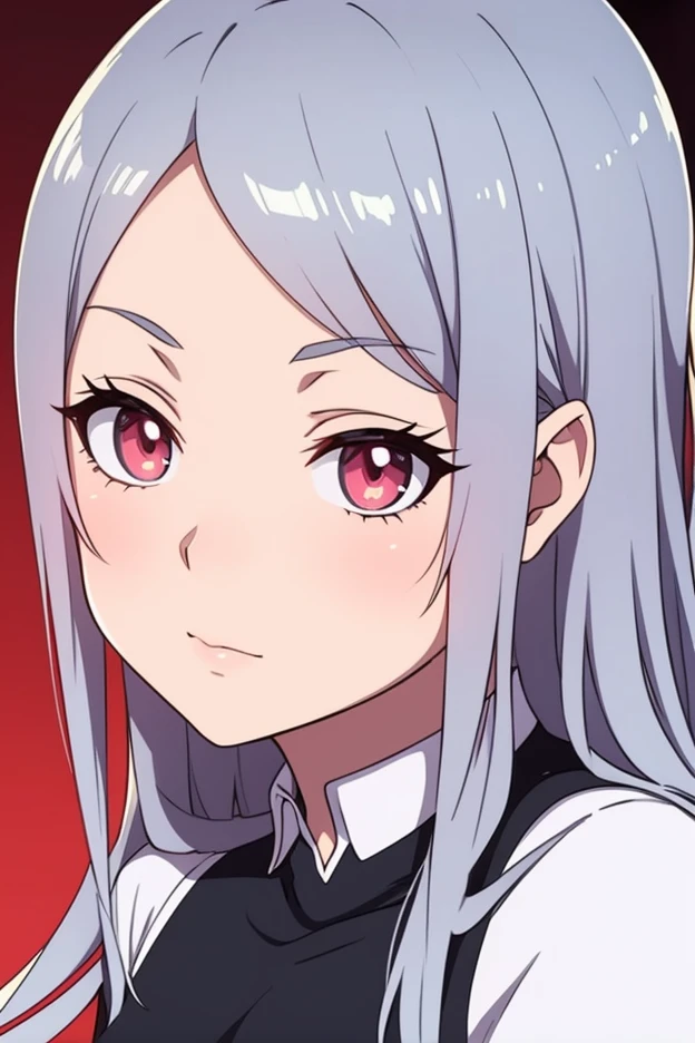 masterpiece, best quality, 1girl,red eyes,smile, room, ponytail,grey hair, portrait, best quality,hand on hip, blazer, gigantic breasts, <lora:Asanagi-Style-AnimagineXL31:1>
