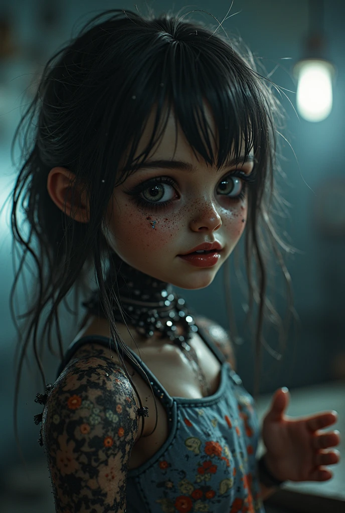 In the foreground, a close-up view of a punk girl's silhouette is vividly highlighted against a black background. Her punk attire includes a grunge checkered short dress and high boots, adding to her edgy charm. Her long braid cascades down her back, adorned with metal studs and piercings. In the frame, a polaroid effect creates a sense of nostalgia and high detail, making each imperfection and texture stand out.
This illustration is a tribute to the inspiring works of dynamic artists such as Jim Mahfood, Henry Asensio, Greg Rutkowski, Craig Davison, Jenny Saville, Bernie Wrightson, and Frank