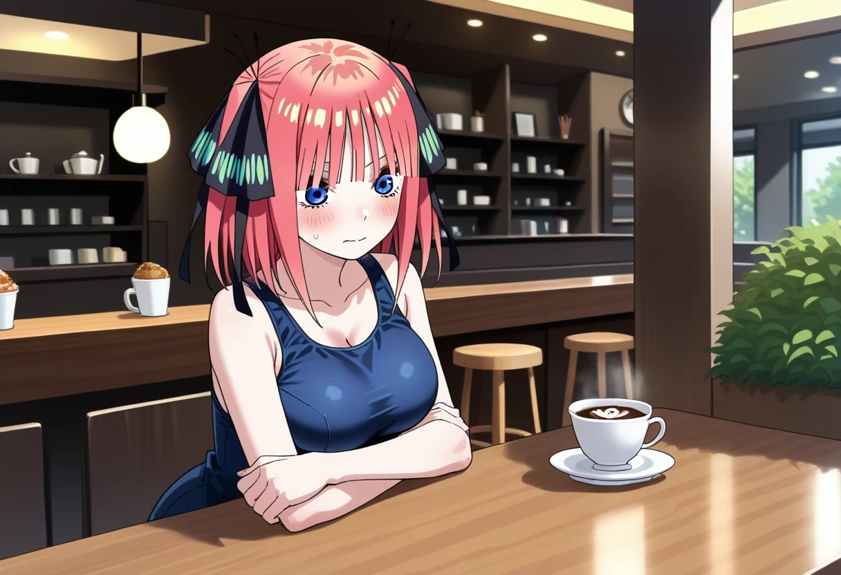 best quality, ultra-detailed masterpiece, anime art style, cute characters, nino nakano, one-piece swimsuit, large breasts, pantyhose, fantasy background, Cafe RPG style, empty chair, table, tea glass set