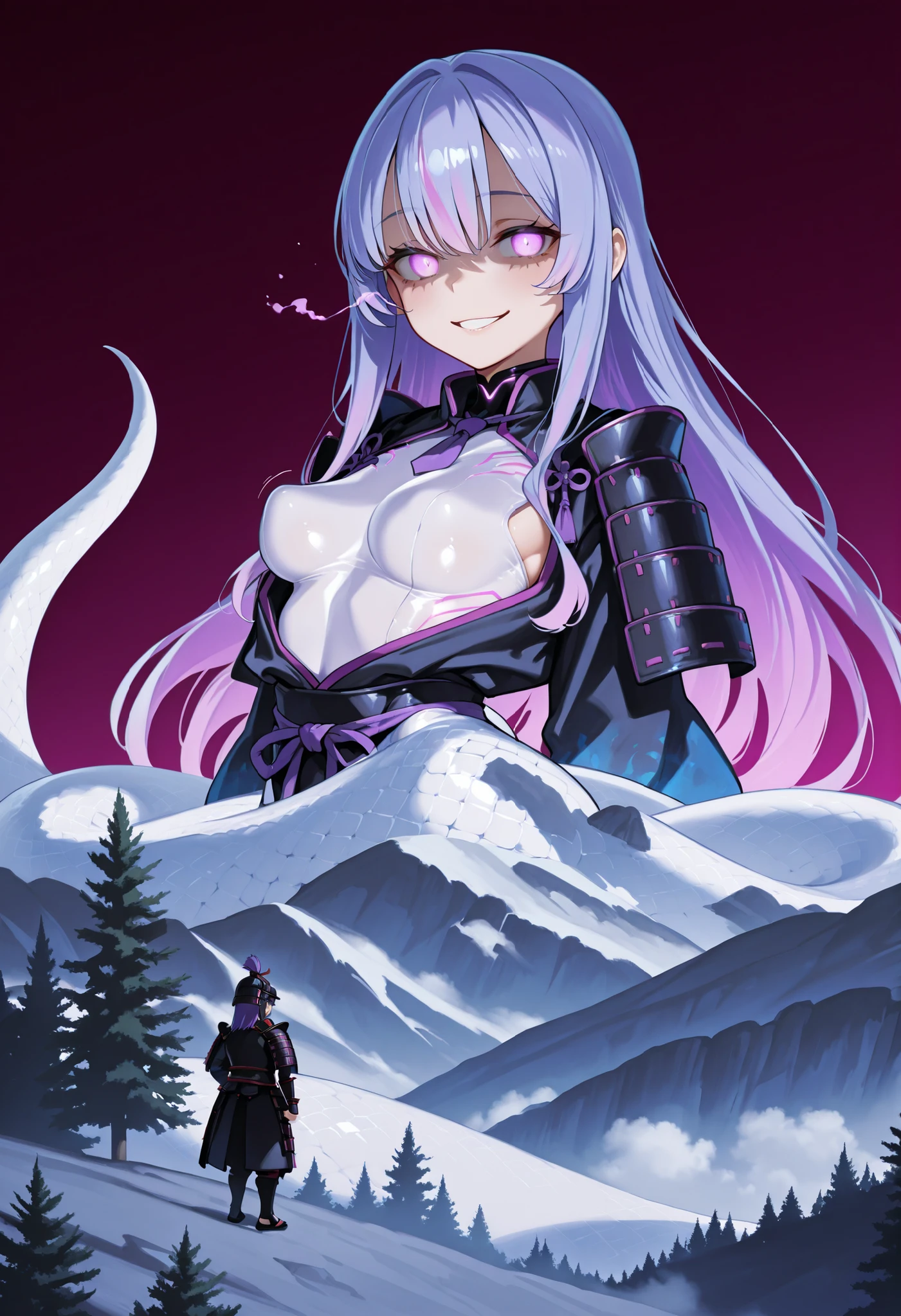 Lamia girl. Lavender colored hair. Long hair. Tie-up hair. Japanese samurai armor. Cyber bodysuit. Perky breasts. Slim waist. Purple glowing eyes. Sleepy eyes. Smiling. White snake body. Black costume. Purple glowing lines.