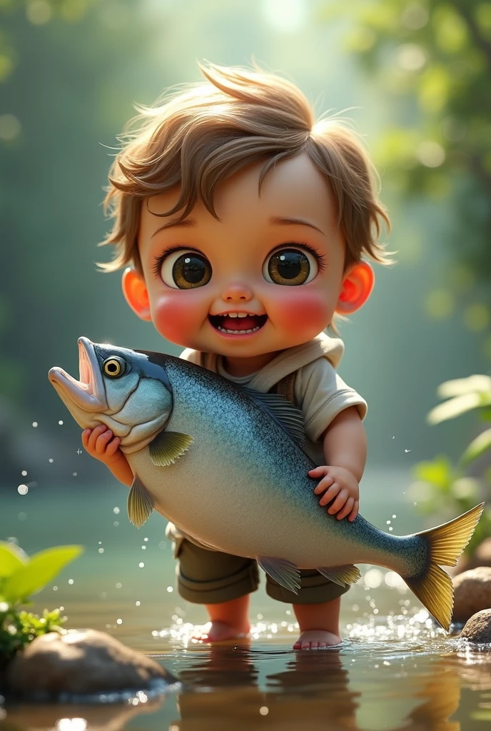 a fat boy was carrying a big fish in the river