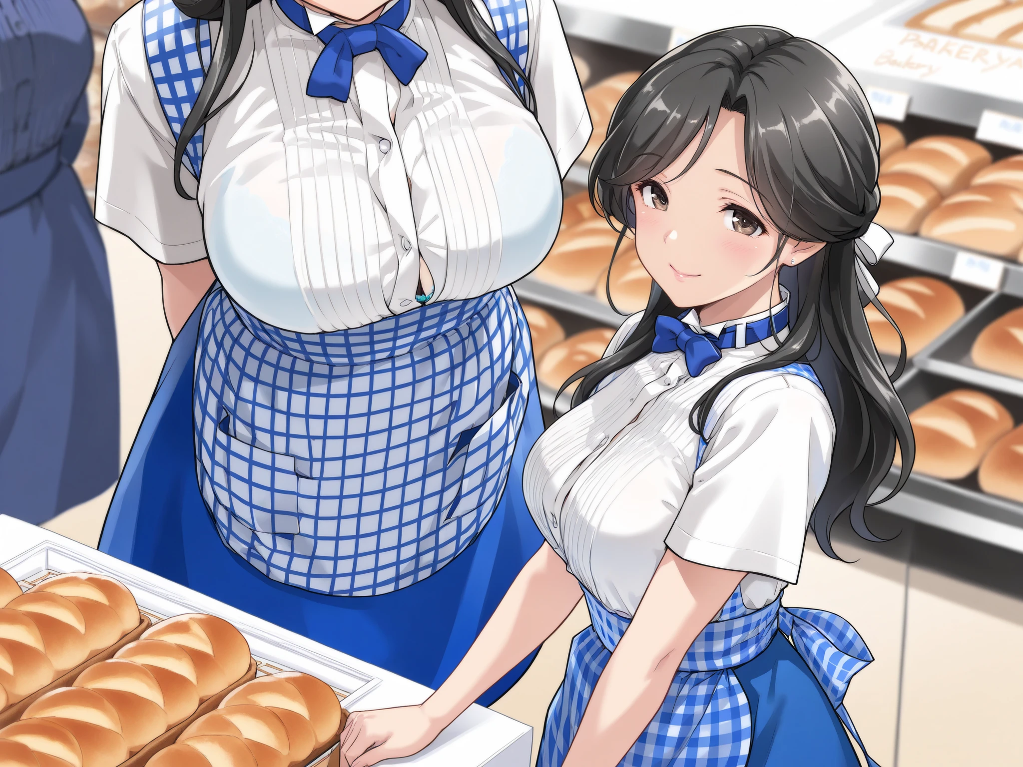 Score_9, score_8_up, score_7_up, score_6_up, score_5_up, score_4_up, source_anime, 2girls, cute student, young female, sagging gigantic huge breasts, wide hips, thick thighs, huge areolae, areola slip, black areolae, dark areolae, milk, cashier counter, pov, detailed eyes, brown eyes, looking at viewer, crowded, in milk shop, sleeveless, apron uniform, staff visor, embarrassing smile, collarbone, head tilt, very hairy stomach hair, showing armpit, hairy armpit hair, bukkake, sperm on armpit, cum shot on armpit, sperm, penis, Japanese, hentai, hand behind the head, breast milking machine, upper body only,