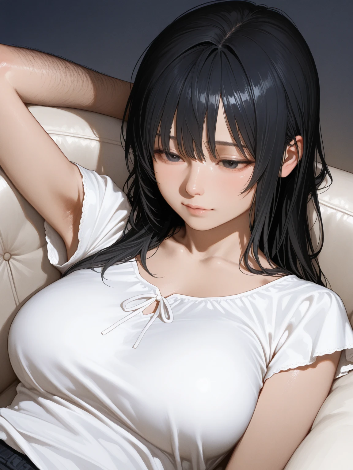 Masterpiece, high res, high Quality, detailed face, detailed body, 1girl, solo, hyuuga hinata, hinata-sleeveless-outfit, large breasts, big breast, sleeveless shirt, fishnet top, dark lips, unzipped jacket, no bra, breasts out, nipple, standing, blushes, (in bedroom)