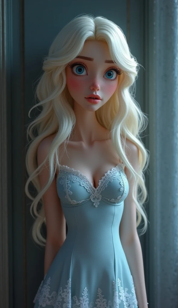 1fille, mature, , petit, cheveux blond, yeux bleus, petit breasts:1, Body en dentelle blanche, fond simple,