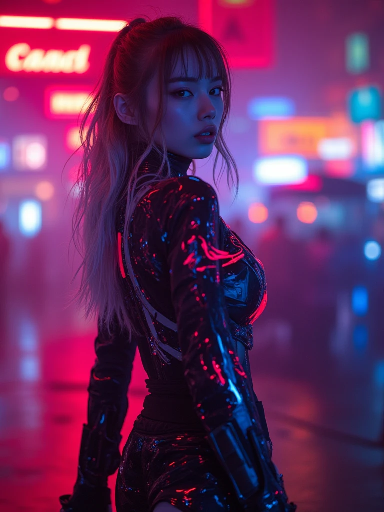 cinematic lighting, 8K, high resolution, photorealistic, studio lighting, physically-based rendering, extreme detail, professional, (Digital painting), vivid color, street style clothing, cyberpunk clothes, neon, woman, body suit,
