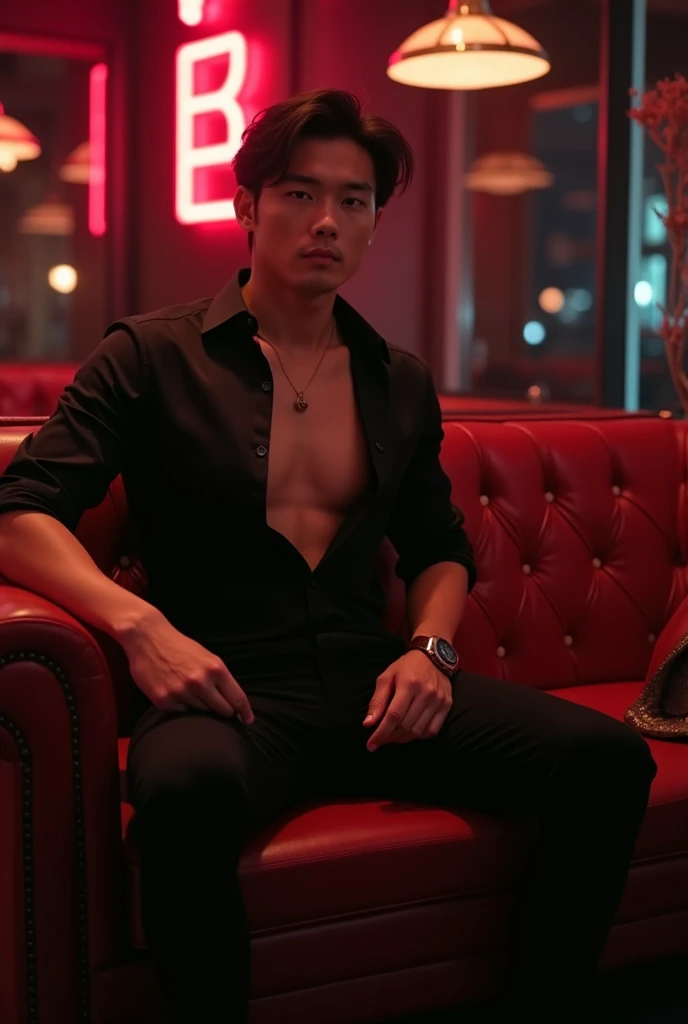 Create a realistic 64k photo of a handsome Thai male teenager, with a perfect body and six-pack abs, showing his penis, standing in a pub, with bright lights in a pub.