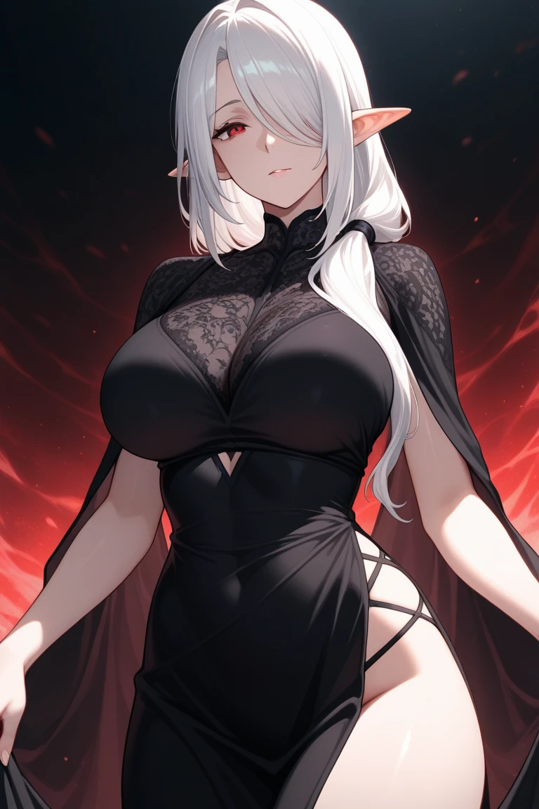 Raviel Ivansia, big breast, wearing a fancy black dress, smiling