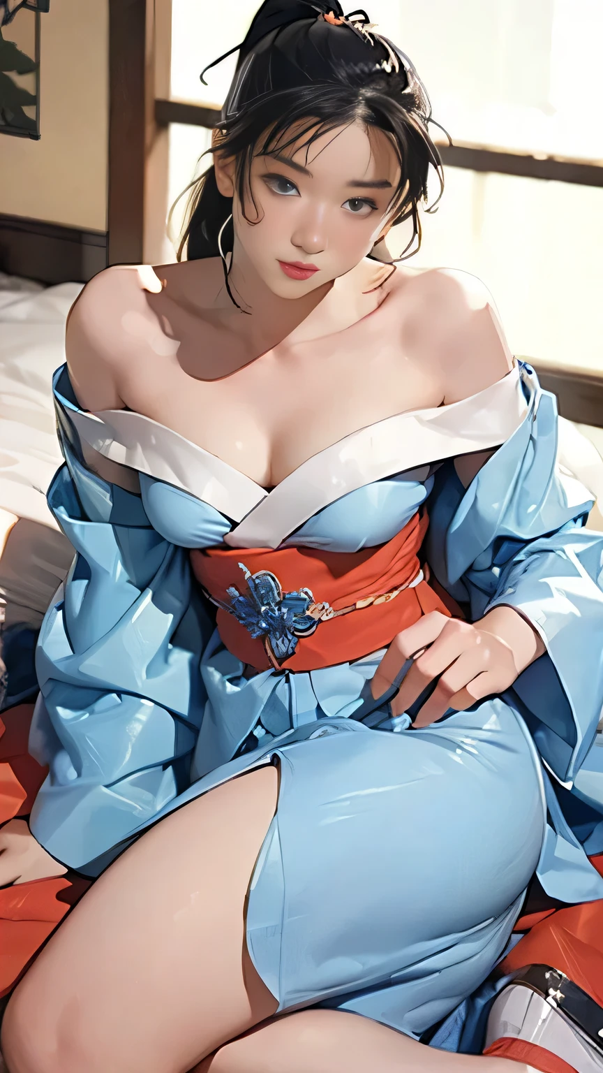 (photo realistic1.2),ultra detailed,(8K),(1girl),(Fantasy:1.5),(bed),Clothing with low sheen,(wizard costume:1.5),Enchanted Wands,Sorcerer's Spellbook,(Wizard's Hat:1.2),topless, (small nipples), (big breasts: 1.2),nude gravure, beautiful Japanese, clothes in disarray,earrings,(from above),looking at viewer,(lying down pose),(embarrassed),bust shot,((light blue hair)),(short hair),22years old,