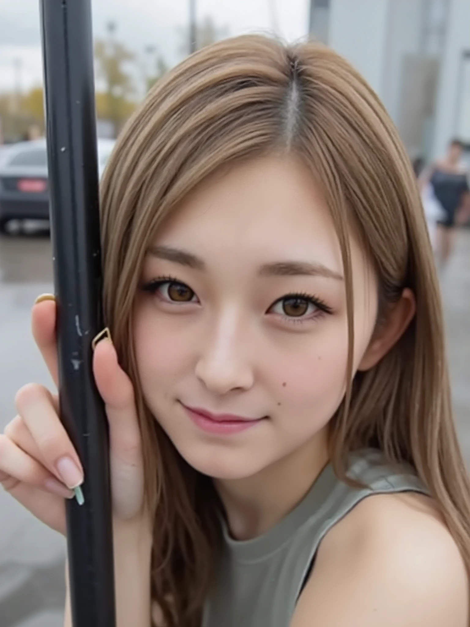 (front view:1.3),((looking up at viewer:1.3)) ,Shiny Hair,OL, large breasts,mini skirt,black stockings,bus stop, Use an umbrella,rainy,have a bag, get in line