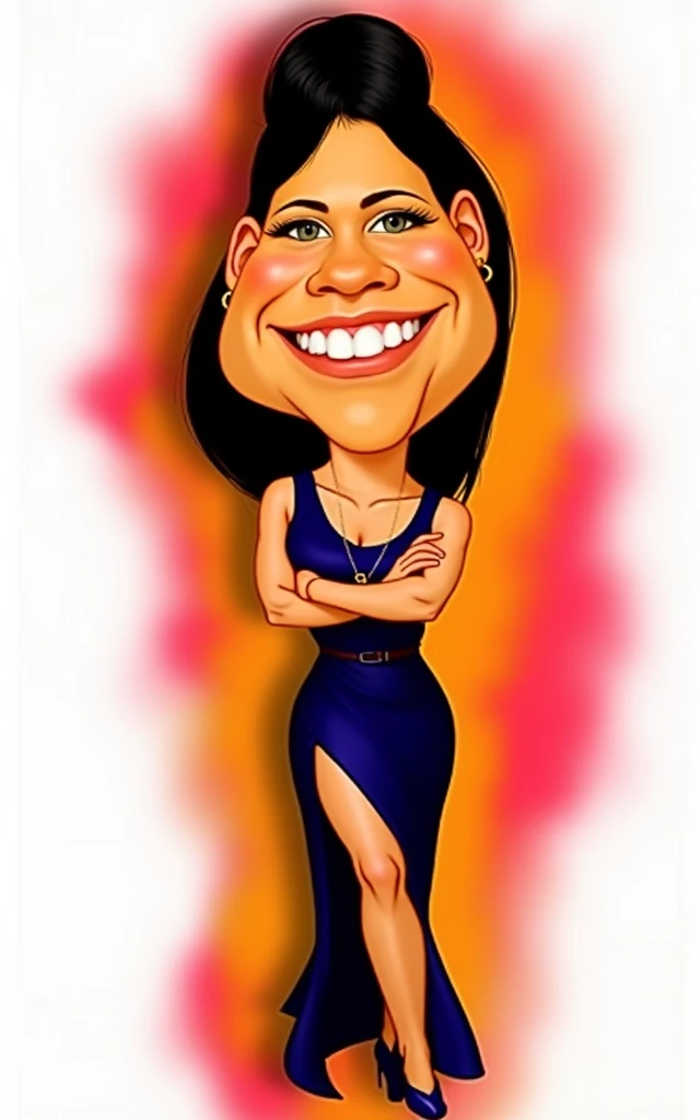 cartoon woman in blue dress with a big smile on her face, caricature style, caricature, caricature illustration, Detailed dress and face, caricature, in cartoon style, caricature, caricature!!!, stylized portrait formal pose, face and full body portrait, Cartoon portrait, Full-body close-up, female figure in maxi dress, digital art of an elegant