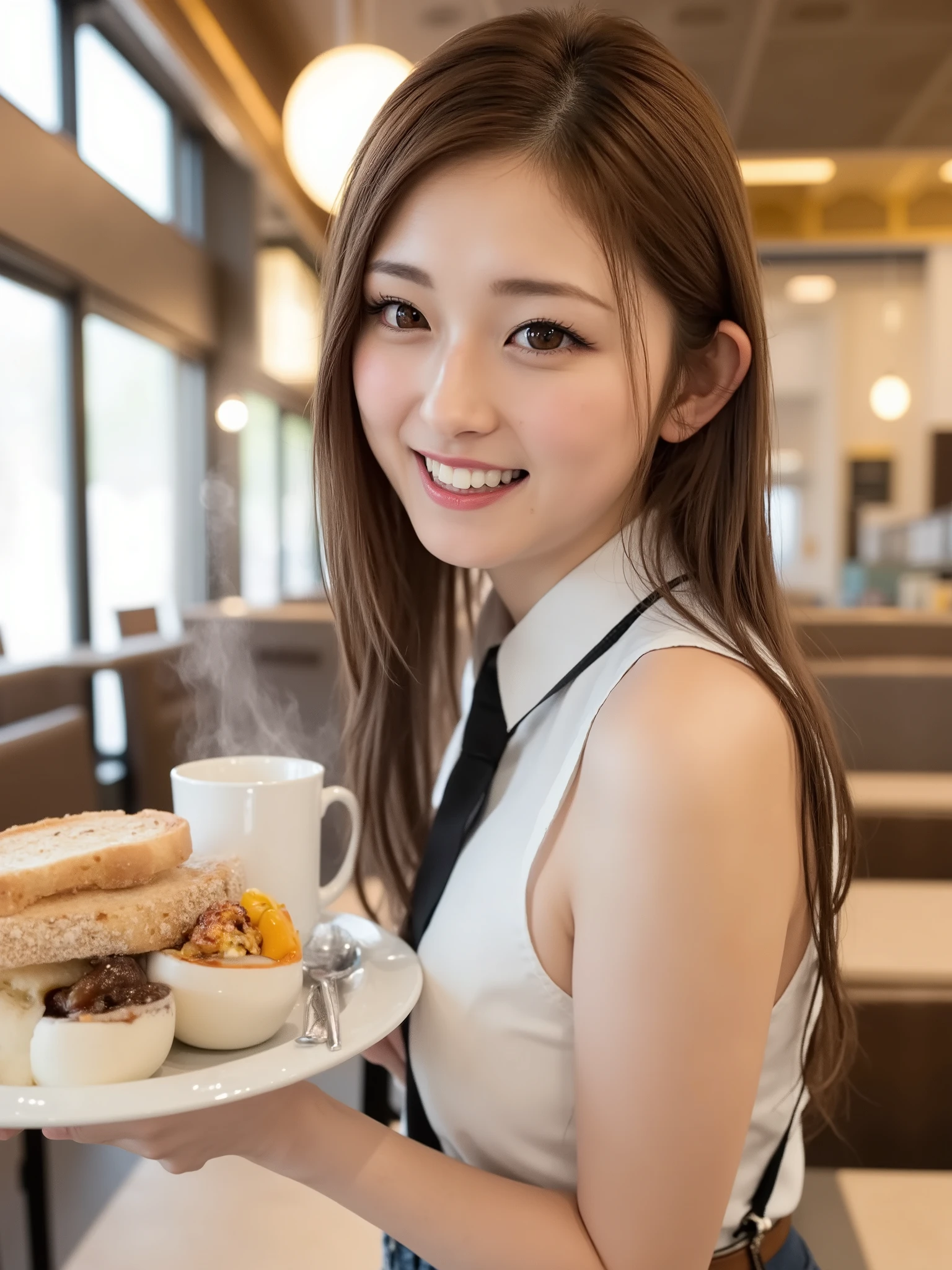 (front view:1.3),((looking up at viewer:1.3)) ,Shiny Hair, waitress, cafe,mini skirt,stockings, (Toast and coffee on a tray:1.5),smile
