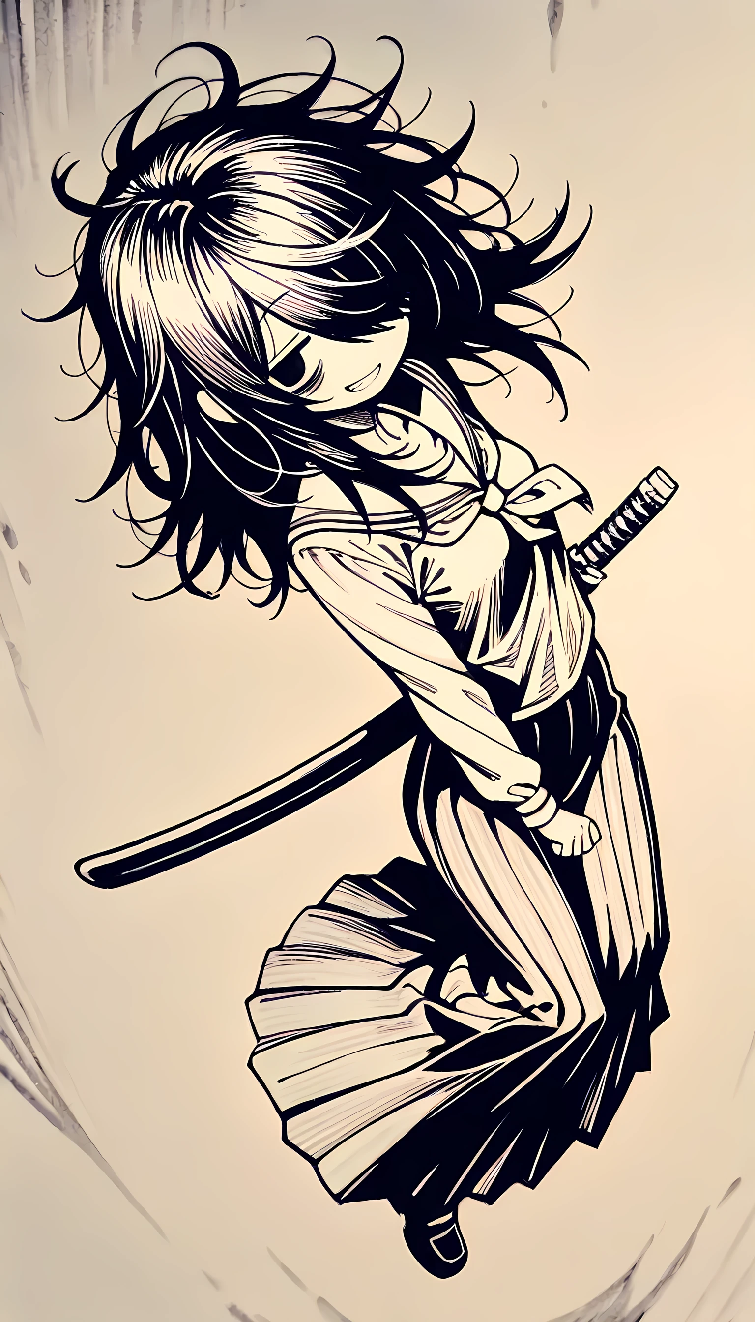 ((Monochrome artwork)),((pencil drawing style)),High contrast,(8k, Highest quality),Ultra-high resolution,adorable,Highest quality, beautiful, Absurd beauty,masterpiece,Best image quality, 1girl,long hair,((messy hair)), hair over one eye, (hair over right eye),((comic jitome)) ,(bags under eyes) ,grin , small breasts,petite,(school sailors ),long skirt, (holding a Japanese sword with both hands), (unsheathe draw a japanese sword), (a sheath), (Put own hand on the pattern of a Japanese sword), arms front,jumping,iai pose,dynamic pose,dynamic angle ,face close up,