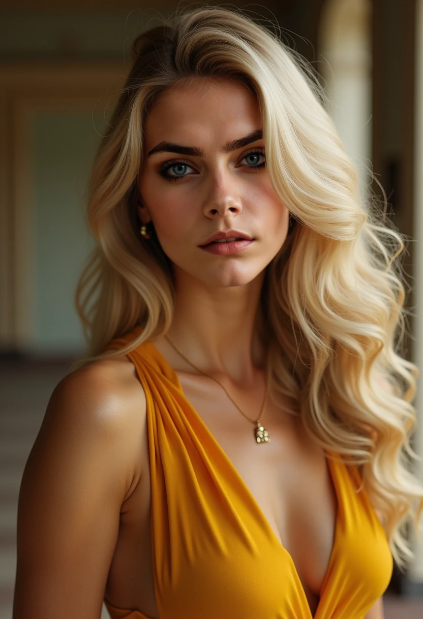 Margot Robbie with 23 years(, incredibly absurd long blonde hair, ultra-detailed, CG, unit, wallpaper 8k), (masterpiece), (realistic), (photorealistic: 1.2), (raw photo: 1.2), (best quality: 1.2), (detailed face: 1.4), (beautiful detailed eyes: 1.2), (detailed hair), light on face, huge file size, cinematic lighting, 1 girl, alone, sexy, nsfw, eyeliner, kawaii, student, long hair, blonde hair, ((wavy hair)), hair ornament, ((light blush)), ((soft under the eyes)), ((expressionless eyes)), blue eyes, ((large breasts)), fashi-g, red lips, makeup, shirtlift, ((black sweater dress)), black knees, high heels, jewelry, earrings, necklace, looking at the viewer, depth of field,