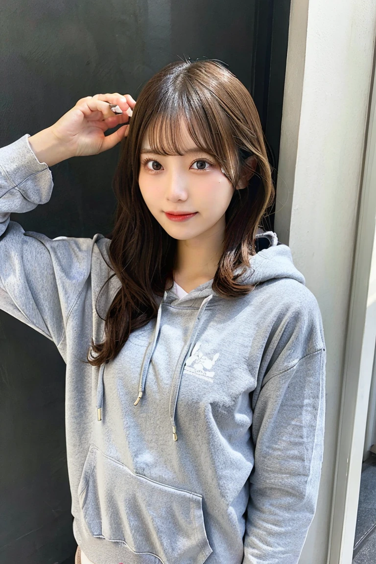 (Best Quality, in 8K, 32K, masutepiece, nffsw:1.3), Pottery muscle,Healthy,22-year-old woman,light brown bob hair: 1.1, (Upper and lower sweatshirts,parka: 1.1), Photography Studio, Ultra-detailed face, Detailed eyes, 二重まぶた,big and impressive eyes,Strong eyes,Proud expression,Wild,Mujaki,a smile,a cool,Makeup thick,active,sano,Cute,cute little