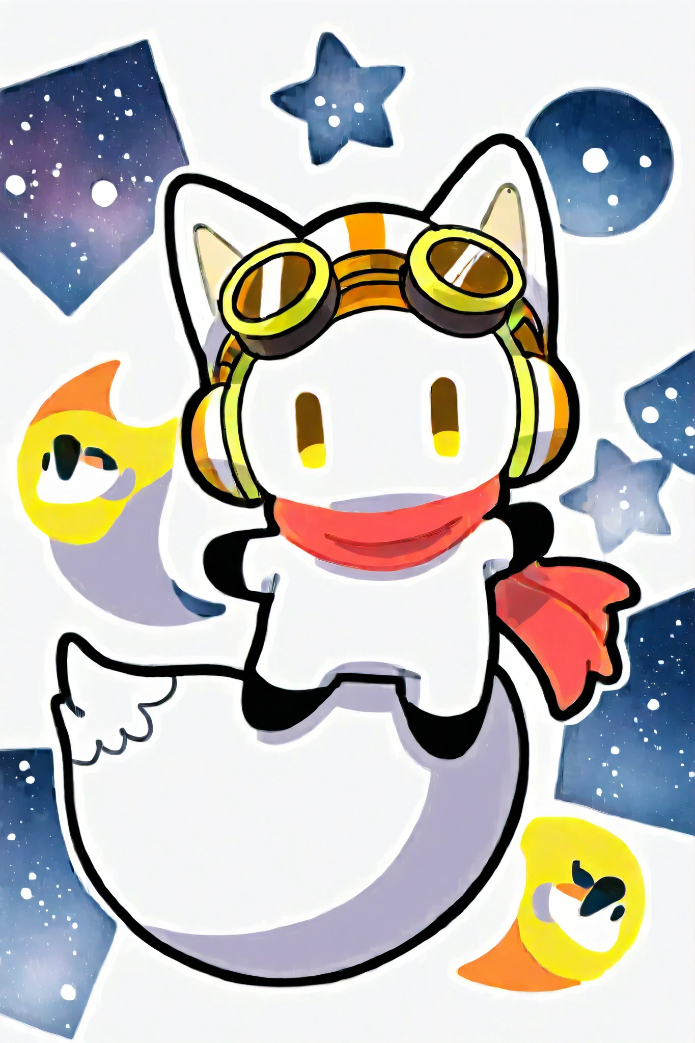 beast、 chibi、  chibiキャラ、  chibiキャラクター、Super Mario background、White fox、
Character Details(White Fox、flat face、No nose、Big tail、red scarf、Pilot cap in the shape of a fox ear、goggles、)、A fox, solo, with lots of white space, high resolution, Viewer