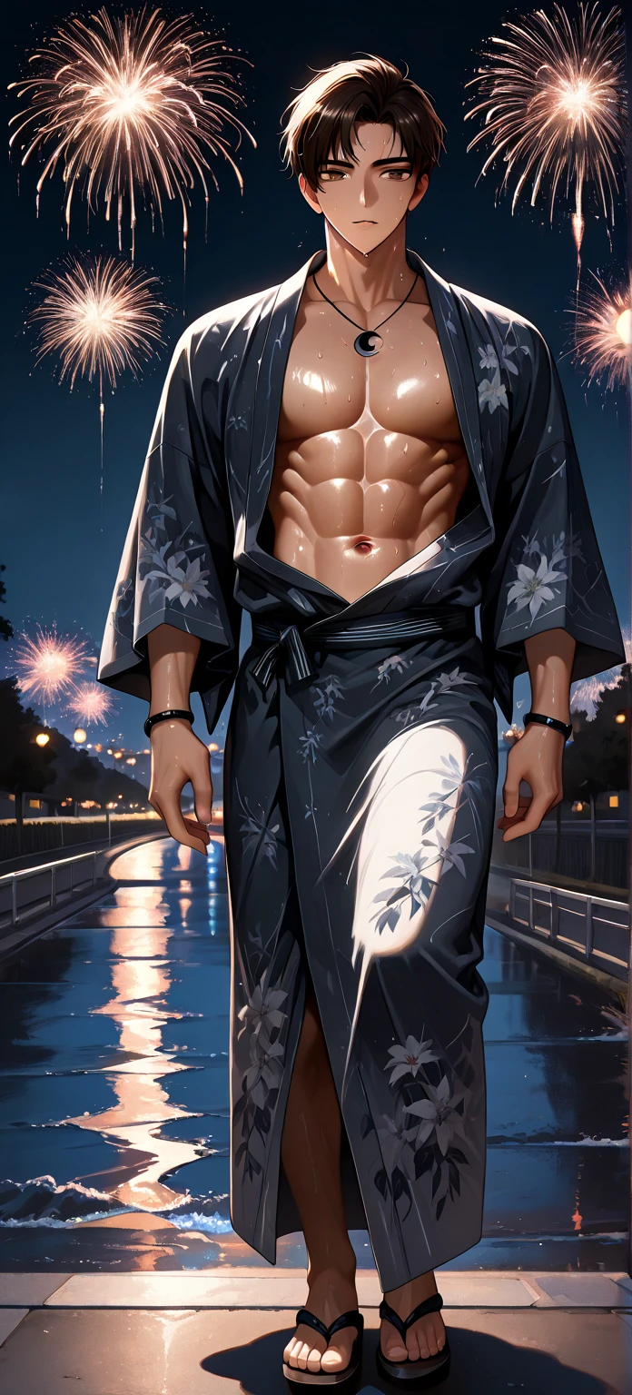 Highest quality、Midsummer evening、Short Hair、Sports haircut、Big macho man、A muscular man wearing a yukata watching fireworks on the veranda、Lonely face、Pectoralis major、Abdominal muscles、Brown skin、Shaved head