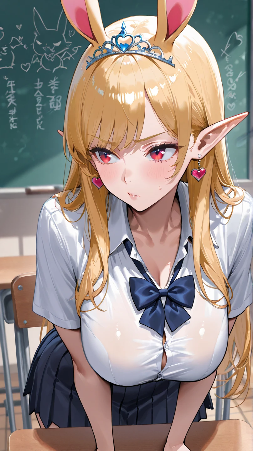 NSFW, ((black bra)),Underwear showing through the shirt,chloe,masterpiece, highest quality, super detailed, shine, shine光, ray tracing, Depth of the bounds written, (perfect face, detailed face, fine eyes,perfect hand :0.7),(8k),super realistic face,ray tracing,perfect lighting,highest quality, super detailed, shine目, (look at the audienceいる,smile:1.1), ((1 girl)), (mature woman:1.4), classroom,1 girl、solo、chest、look at the audience、blush、bangs、chloe(princess connect)、Upper body,st.Teresa's Girls Academy Uniform、pointy ears、twin tails、elf、blonde hair、tie、black coat、gray shirt、purple eyes、choker、手首のScrunchie、Scrunchie、pleated skirt、黒いchoker、red skirt、緑のtie、open clothes、hair between eyes、socks、thigh straps、loafers、,((super detailed背景)), mistress pose, ((8k wallpaper)) , smile, blush, outdoor, Day, blue sky, empty, look at the audienceいる, moody lighting, face-to-face audience,