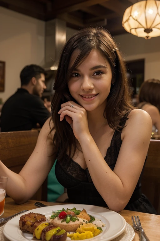 (realistic: 1.37),beautiful girl,ultra-detailed brown eyes and face,long eyelashes,rosy cheeks,wavy flowing hairs,vibrant atmosphere,real woman,human,artistic rendering,smiling expression,captivating gaze,normal not with heavy llightning,in a restaurant with friends,having steak,in a fancy black sexy outfit