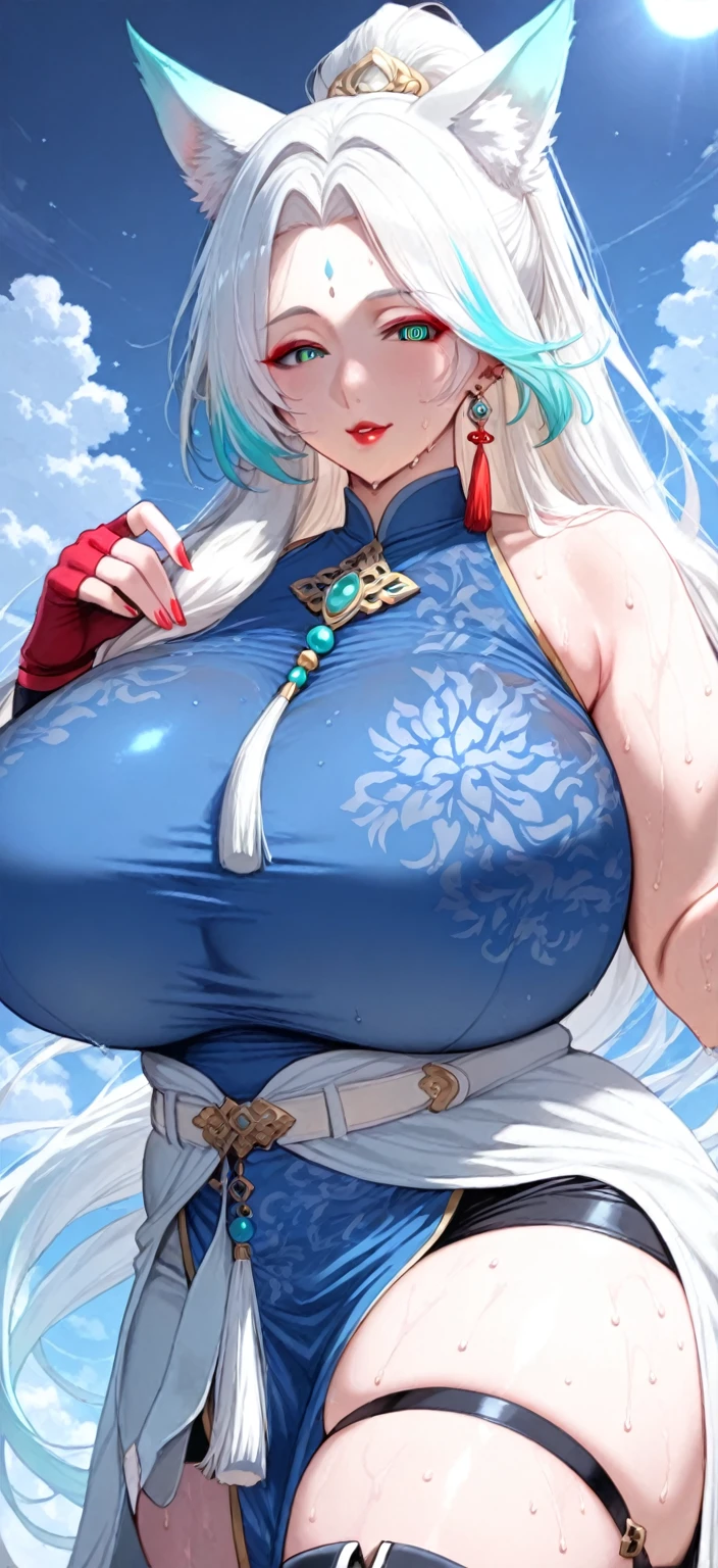 1girl,Sesshoumaru,sesshoumaru,mature female,(scornful eyes),yellow eyes,parted bangs,pointy ears,white hair,very long hair,red facial mark,forehead mark,alternate costume,arm at side,blush,braid,breasts,china dress,chinese clothes,curvy,dress,elbow gloves,bare shoulder,sleeveless,cleavage cutout,floral print,gloves,(blue and white porcelain gorgeous qipao,china dress,chinese clothes,dress),gigantic breasts,hip vent,print dress,indoors,holding,lips,looking at viewer,parted bangs,short sleeves,single braid,solo,standing,thick thighs,upturned eyes,white thighhighs,wide hips,