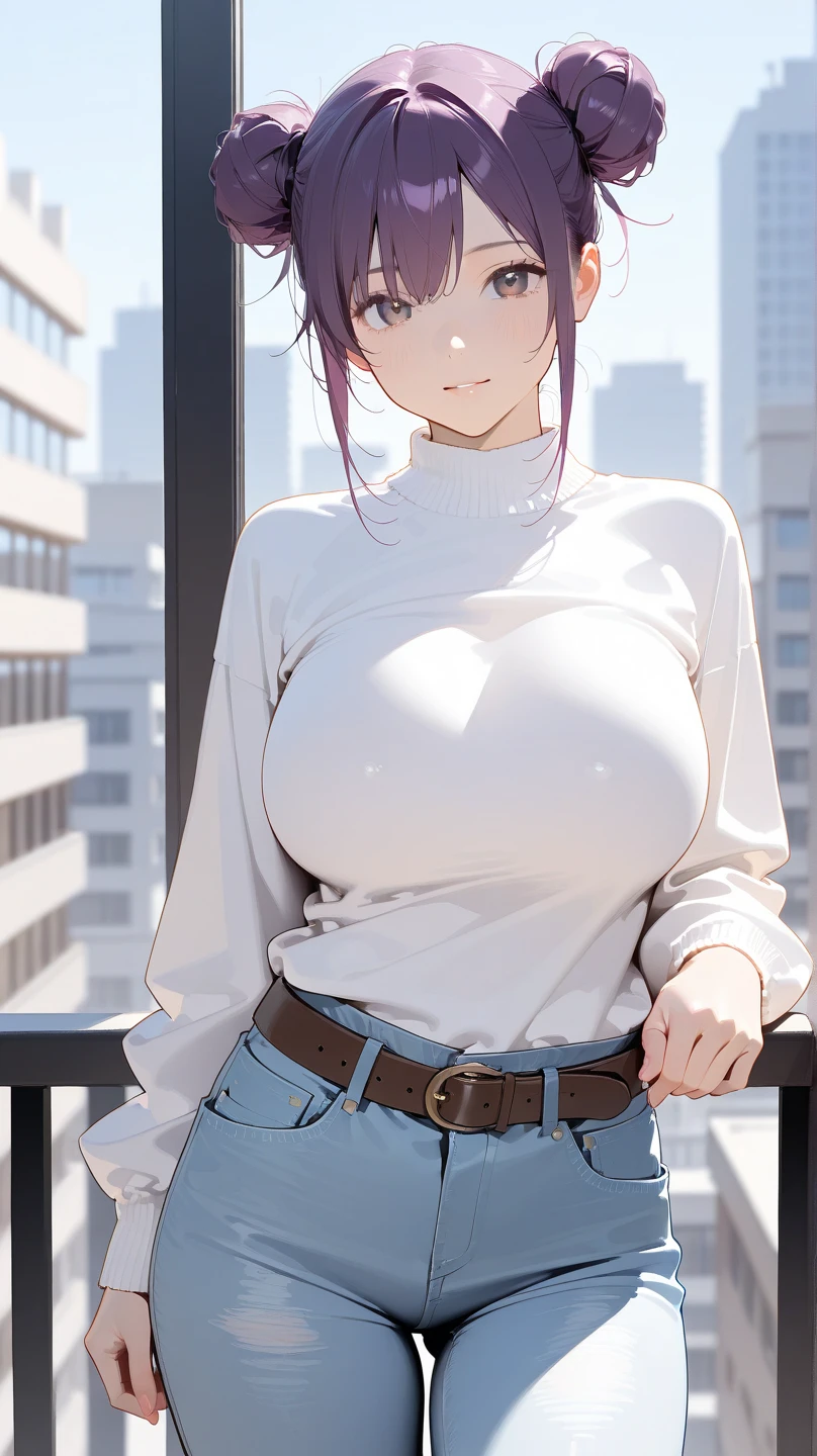 a girl with white and purple ombre hair, wearing high-waisted jeans, detailed portrait, realistic, cinematic lighting, intricate details, colorful, stunning, ethereal, photorealistic, 8k, masterpiece