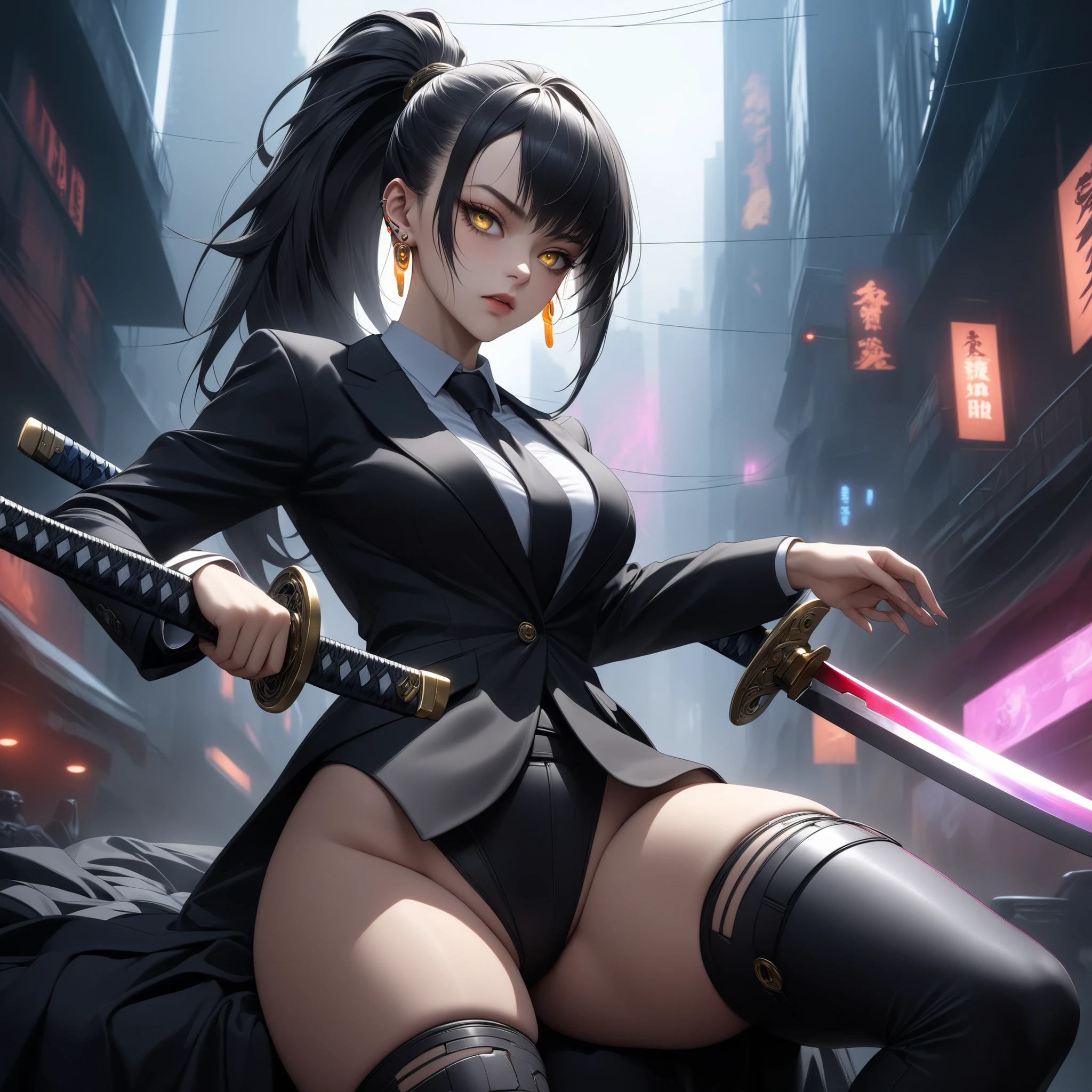 ((extreme quality)), ((Masterpiece)), ((Enrich the picture,Masterpiece level quality)), black hair, high ponytail, medium breasts, golden eyes, fierce woman, ultra eyes details, RAW 4K, Realistically , ((great effect to highlight the subject)) , ( cinematic lighting, moody, textile shading), perfect proportions, ultra detailed, ultra background detailed, volumetric lighting, soft lighting, glossy skin, beautiful face, Special face details, strong emotions, elegant gesture, Detailed facial features, Long eyelashes, contrast, Incredible atmosphere, Fascinating setting, Haunting beauty , ear rings, cyberpunk theme, cyborg girl, mafia girl, black suit, necktie, massive cyberpunk city, cyborg face parts, cyberpunk light, hips up, sunglass, katana sword,