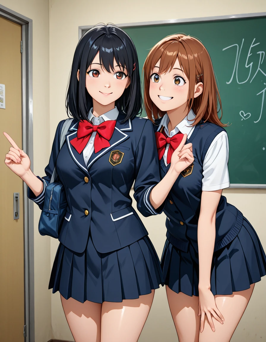 (masterpiece),(ultra-detailed), (high quality), (high resolution), (best quality:1.5, highres, UHD), highres, absurdo, ultra detail, ultra quality, Ultra resolution, 16k, ((2heads:1.5)), 1girl, ((anime girl with two heads)), (brown hair) black blouse with blue jacket and a mini skirt with pleats, fingerless black gloves, suede shoes, gentle smile, tomboy, cowboy shot, railway station, green eyes