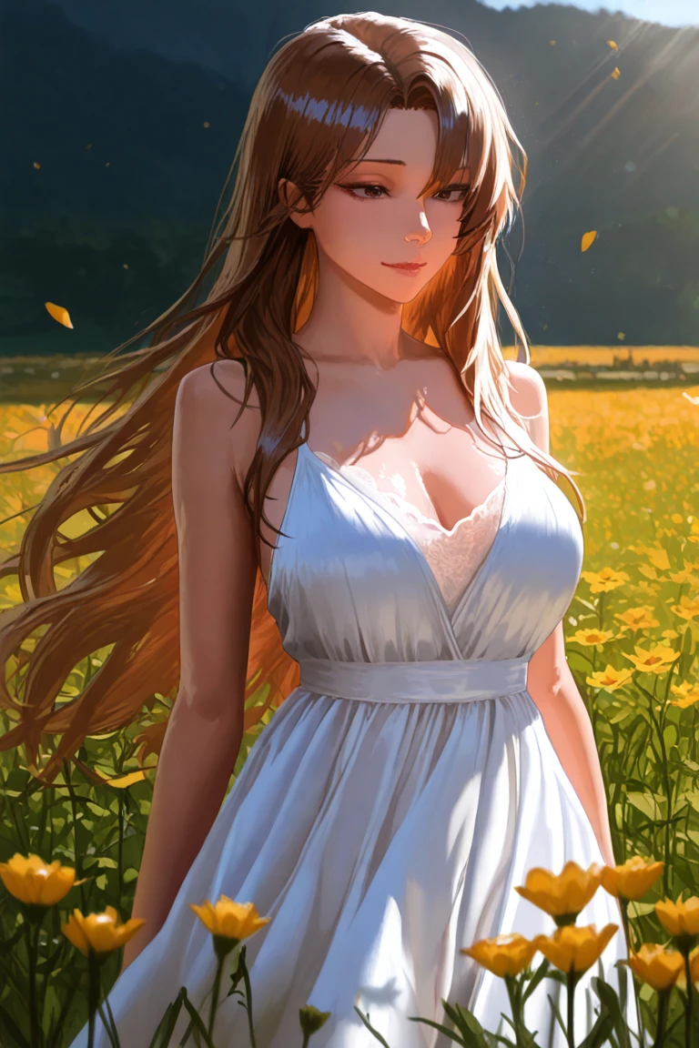 Best quality, 30 year old woman, massive breasts, brown long  hair, blue eyes, skimpy thin white dress, sunset, upper body, sexy, angelic, thin fabric, see through, god rays, fluffy clouds, colourful flower field,