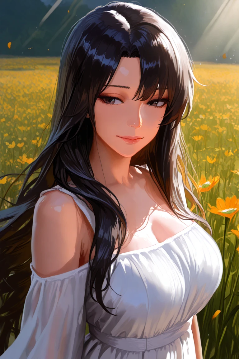 long dark hair / big tits / brown eye /  lying  on the grass   . sexy pose . sunset