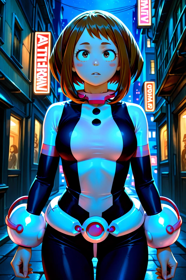 WITHTH YOUR BACK TO THE CAMERA,((ultra quality)), ((masterpiece)), (((best quality, highly detailed ))) highly detailed, score_9, score_8_up, score_7_up, score_6_up,source_Anime,BREAK,gogotomago, 1girl, solo, short hair, (Beautiful face), (beautiful female lips), black hair, brown eyes, purple hair, boots, yellow bodysuit detailed, black bodysuit ,smile, lipstick, bare shoulder, large breasts, (beautiful female hands), ((ideal female figure)), ideal female body, beautiful waist, gorgeous thighs, beautiful huge breasts, thick thighs, wide hips, city background, sunset, single, solo, smile, closed mouth, half opened eyes, blush, looking at viewer, cowboy shot