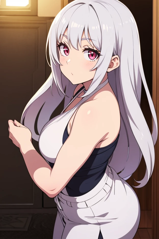 Jmasterpiece, best quality, ultra-high-detailed, Disgusted face, white hair, red eyes, sigtuna julie , small breast, looking to viewer, deep eyes, glare eyes, muscular, eyeshadow,  bare shoulder , Collarbone, spaghetti straps, edium breast , shaded face, fit body , underwire bra, open front bra, cleavage ,  near camera shot, so close, Navel, midrifft , underbutt, Underbust, upper limbs , toilet, standing, underbutt, from below, ,muscular, showing ass