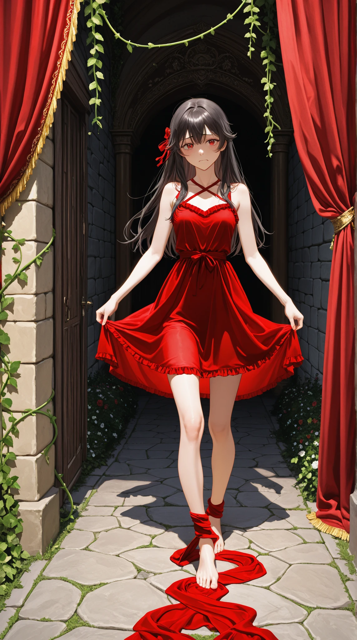 a woman in red long sheer skirt, gr3ysh33r very sensual posing