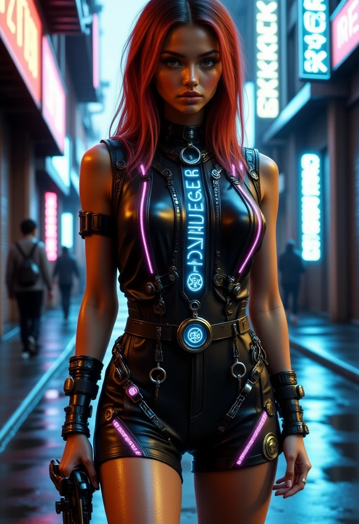 The image depicts a megan fox with a striking cyberpunk-inspired look. The individual has a short, dyed hair style with vibrant shades of pink and blue, and their makeup is equally bold, featuring neon accents that complement the hair colors. They are wearing a black leather jacket adorned with neon pink and blue accents, giving it a futuristic, high-tech appearance. The jacket has a distinctive design with what appears to be a camera or sensor integrated into the chest area, adding to the cybernetic aesthetic.
Mega fox is also wearing a black top with a similar neon design, and the overall outfit is completed with what seems to be a black choker necklace. The background is a cityscape at night, illuminated by neon lights, which enhances the cyberpunk theme of the image. The lighting and color grading contribute to a moody and atmospheric vibe, suggesting a setting that is both urban and otherworldly. The image is likely a creative concept or a promotional piece for a fashion or entertainment project that embraces the cyberpunk genre.