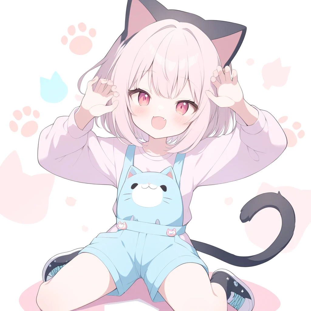 masterpiece, highest quality, Detailed background, cute panties、cute, small, Gray Hair, short hair, white fluffy cat tail, White cat ears, small size, whole body, Purple eyes, fluffy, fluff ears, alone, detailed, girl, cutetech, pastel colour, cute, cute colors
