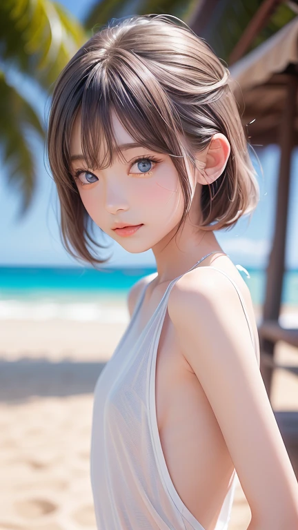 Photorealistic、highest quality、Highest quality、masterpiece、Ultra-high resolution、Raw photo、Realistic、Bright lighting、Face Light、Smooth Professional Lighting、Looking at the camera、alone、Adult women、Beautiful woman、Super Beauty、Realistic肌、Moisturized Skin、Realistic eyes and faces、Perfect model body shape、Beautiful Eyes、Big eyes、Inconspicuous tear bags、slim、Big Breasts、No bra、Beautiful fingers、Very short hair、Dark black hair、dark black eyes、seems to be happy、Cowboy Shot、(Both ears are hidden in the hair)、(Half naked)、At the Beach、White Bikini、Clothes falling apart
