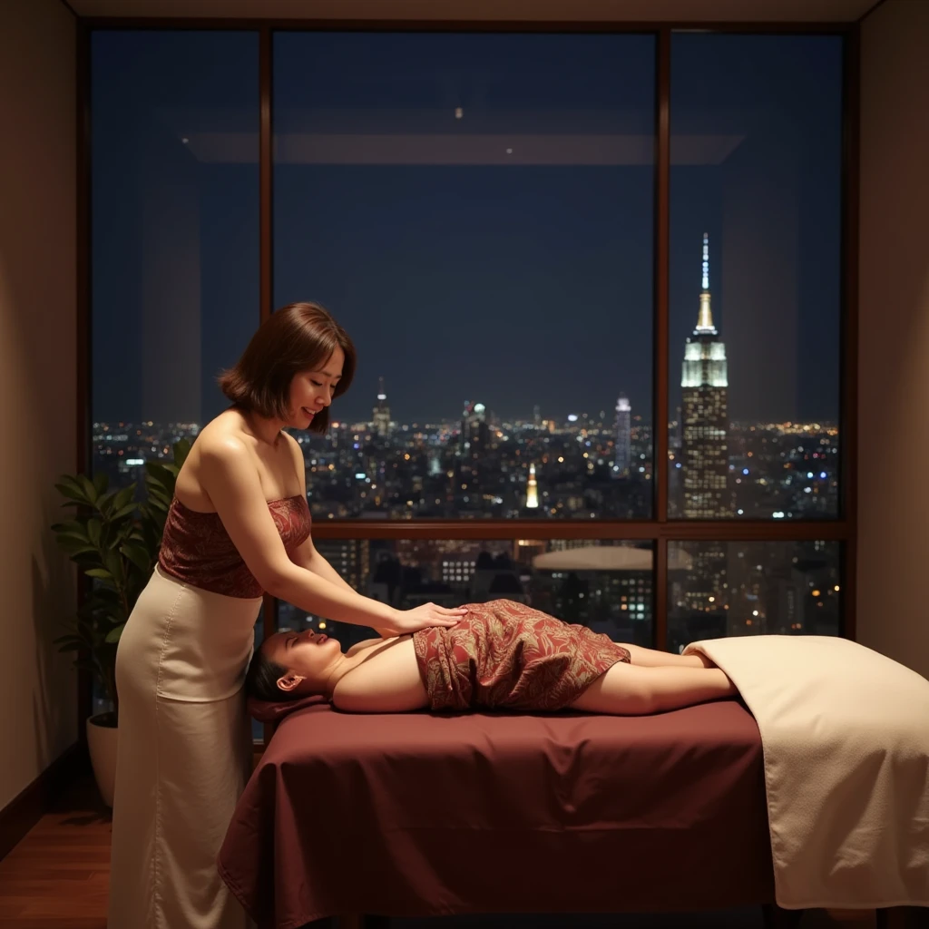 Professional photograph taken with a DSLR camera. A serene, luxurious room in a high-rise apartment with floor-to-ceiling windows showcasing a stunning nighttime cityscape. In the foreground, a Japanese female massage therapist is performing a massage. She is wearing black cutsew with only her arms exposed. Her expression is soft and gentle, with a subtle smile. Her skin appears smooth and flawless. The client, also a Japanese woman, lies on a massage table. Her eyes are closed, and her face shows a deeply relaxed, almost dreamy expression. She appears to be drifting off to sleep, completely at ease. Her skin also has a beautiful, healthy glow. The lighting is warm and soft, creating an intimate and calming atmosphere. The overall composition is balanced and aesthetically pleasing, capturing the essence of relaxation and professional care.
