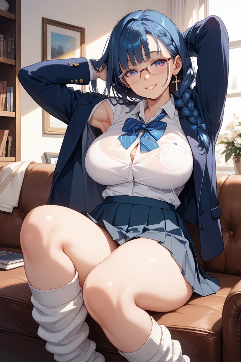 1girl, breasts, solo, spread legs, long hair, classroom, indoors, shirt, nipples, looking at viewer, white shirt, blush, bangs, open mouth, navel, bow, maebari, desk, large breasts, collared shirt, bowtie, open clothes, open shirt, blue hair, sitting, thighs, blue bowtie, school desk, blue bow, , leaning back, smile, purple eyes, braid, no bra, pink eyes, bottomless, on desk, off shoulder, cameltoe, window, long sleeves, pussy, naked shirt, stomach, breasts apart, striped bow, grey hair, striped bowtie, partially visible vulva, striped, sweat, hair between eyes, heart, blurry background, clothes lift, day, heart pasties, dress shirt, ass, pasties, sitting on desk, arms behind back, :d, chair, breasts out, very long hair, blurry, chalkboard, pussy peek, sidelocks, arm support, shirt lift, anus, sunlight, socks, teeth, on table, medium breasts, presenting, shiny, no panties, feet out of frame, crotch, wing collar, upper teeth only, tongue, thick thighs, sweatdrop, table, reclining, side braid, uncensored, school, black bow, shiny skin, ribbon, plaid bowtie, ass visible through thighs, underwear, unbuttoned shirt, red eyes, saliva, sitting on table, cleft of venus, school chair, censored, groin, hair ornament, hair ribbon, covered nipples, nude, skirt, bare shoulders, dutch angle, eyelashes, clothes pull, shirt pull, pussy juice, kneehighs, skindentation, no pants, partially undressed, plaid bow, unbuttoned, light particles, window shade, earrings, diagonal-striped bow, black socks, jewelry, hairband, curtains, heart censor, shiny hair, paper, Uniform distribution, naughty face, depth of field, panties, straight hair, mosaic censoring, light blue hair, plaid, symbol-shaped pupils