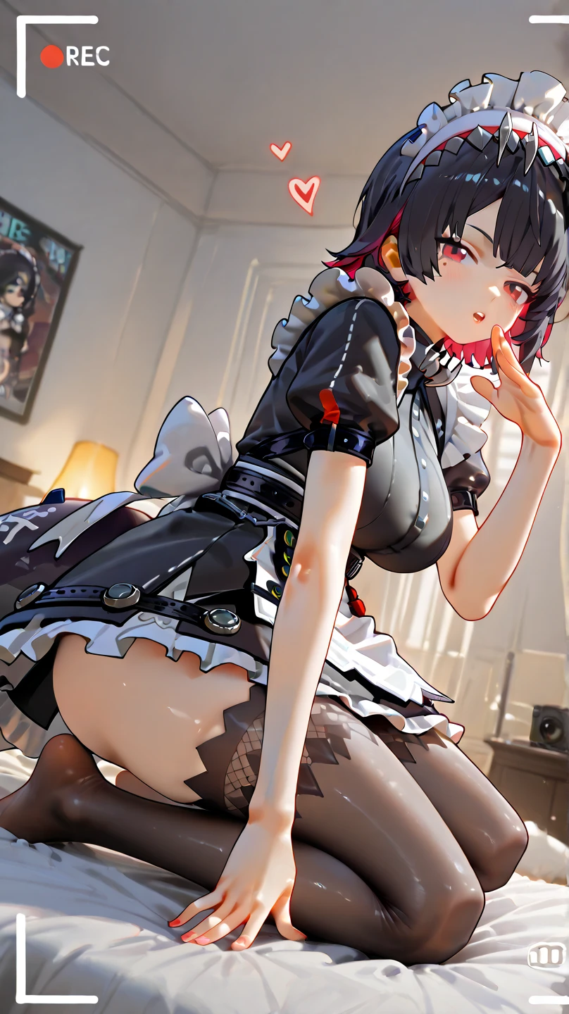 woman,Twenties,Sexy,Red eyes,black比基尼,超级无比Huge breasts,Huge breasts,One leg raised,Standing on one leg,black长发,Maid headdress,White-dissolved skin,Sweating,black,High heel