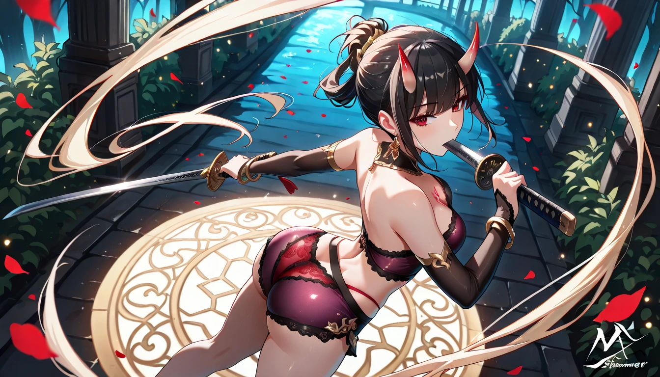 masterpiece, best quality, beautiful art, high resolution, well formed hands, body and fingers, 1 woman, solo, Mai Shiranui, adult, big breasted, cleavage, wearing a sexy dancer outfit, full body, sexy and skimpy dancer outfit, sexy Japanese clothes, pelvic curtain, red panties peeking, gorgeous legs and thighs , dancing seductively and erotically, turning backwards and forwards, showing her back and front, showing her butt, t -back, smiling joyfully, looking at the viewer, flirting, beach environment