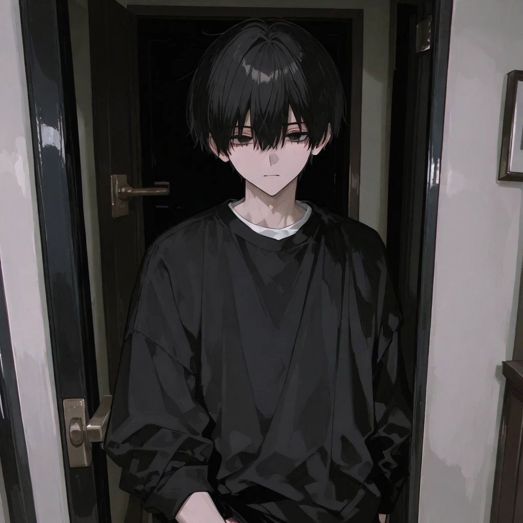 Absurd resolution, high resolution, (masterpiece: 1.4), hyper-detail, young man's messy short black hair, black casual clothes, eerie room, against the toilet door, blood (1.2)